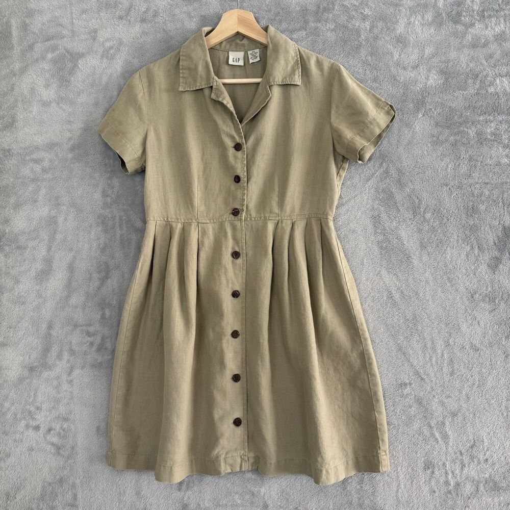 GAP 100% Linen Midi Shirt Dress Womens XS Beige Button Front Pockets